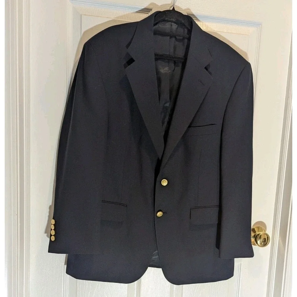 Old Money Navy Wool Blazer Gold Crest Buttons Preppy Ivy 42S Sport Coat